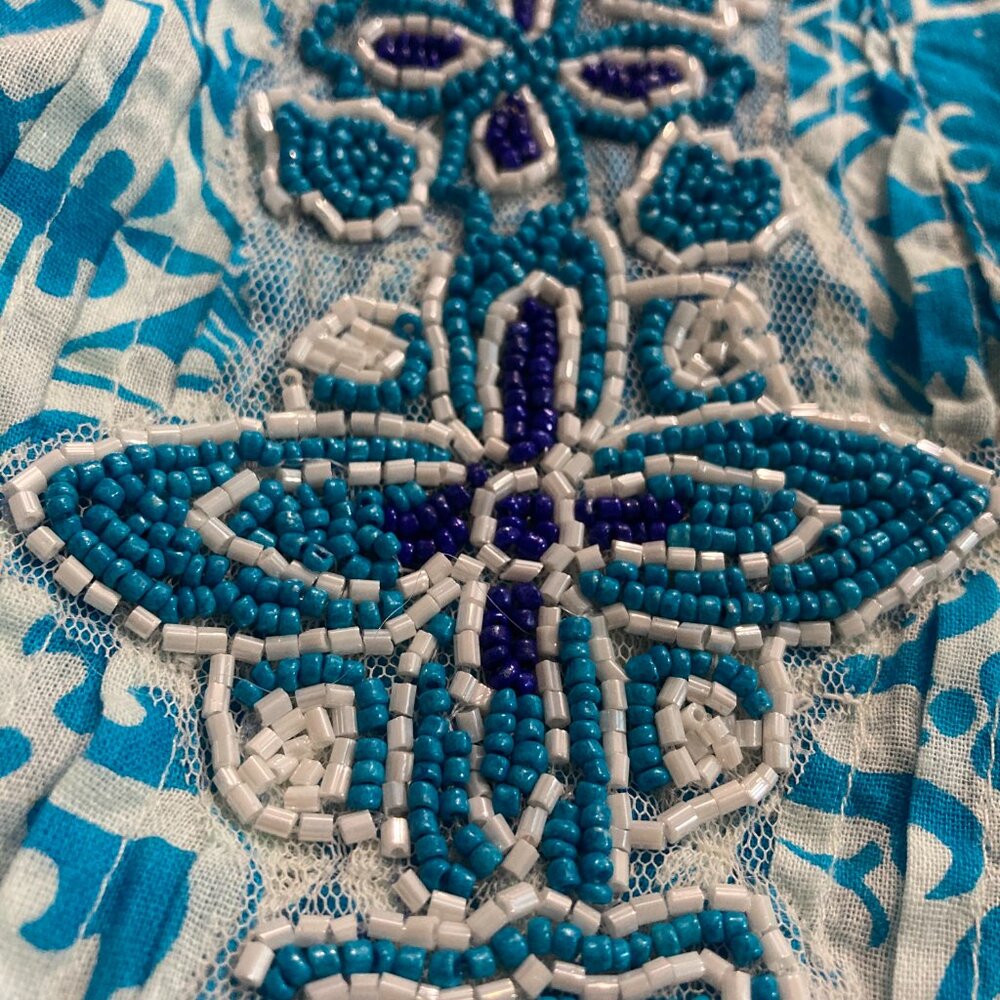 Siya Button up Dress Tiered Floral Beaded Pom Pom Hem Boho Cottagecore Blue L? - Picture 12 of 15